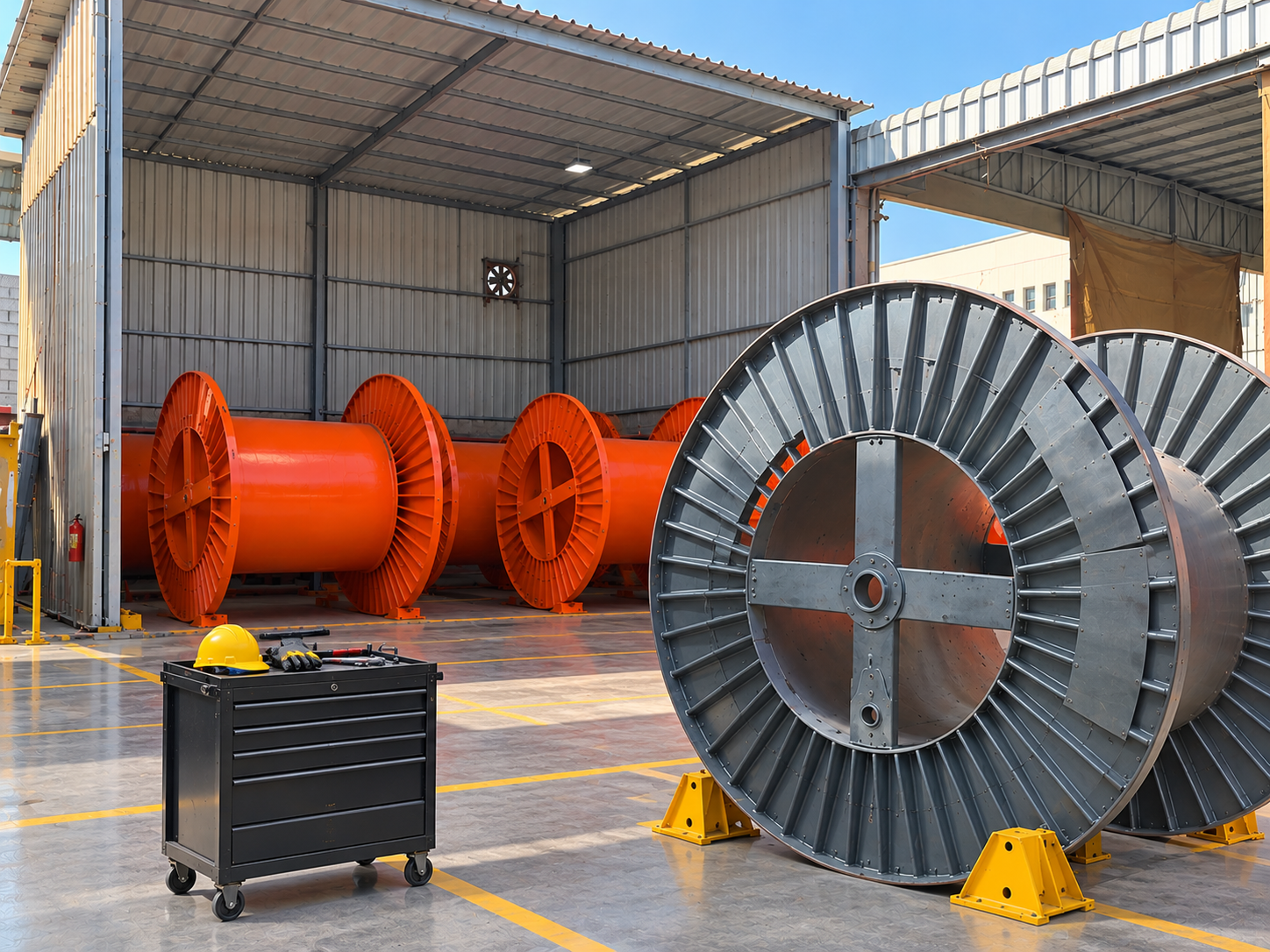 Steel cable drums being fabricated on the Suba Engineering workshop floor